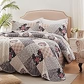 Full/Queen Size Quilt Set 3 Pieces Lightweight Reversible Bedspread-90''x98'' Soft Patchwork Floral Coverlet Luxurious Warm Microfiber Bed Cover All Seasons Gray Bedding Set(1 Quilt,2 Pillow Shams)