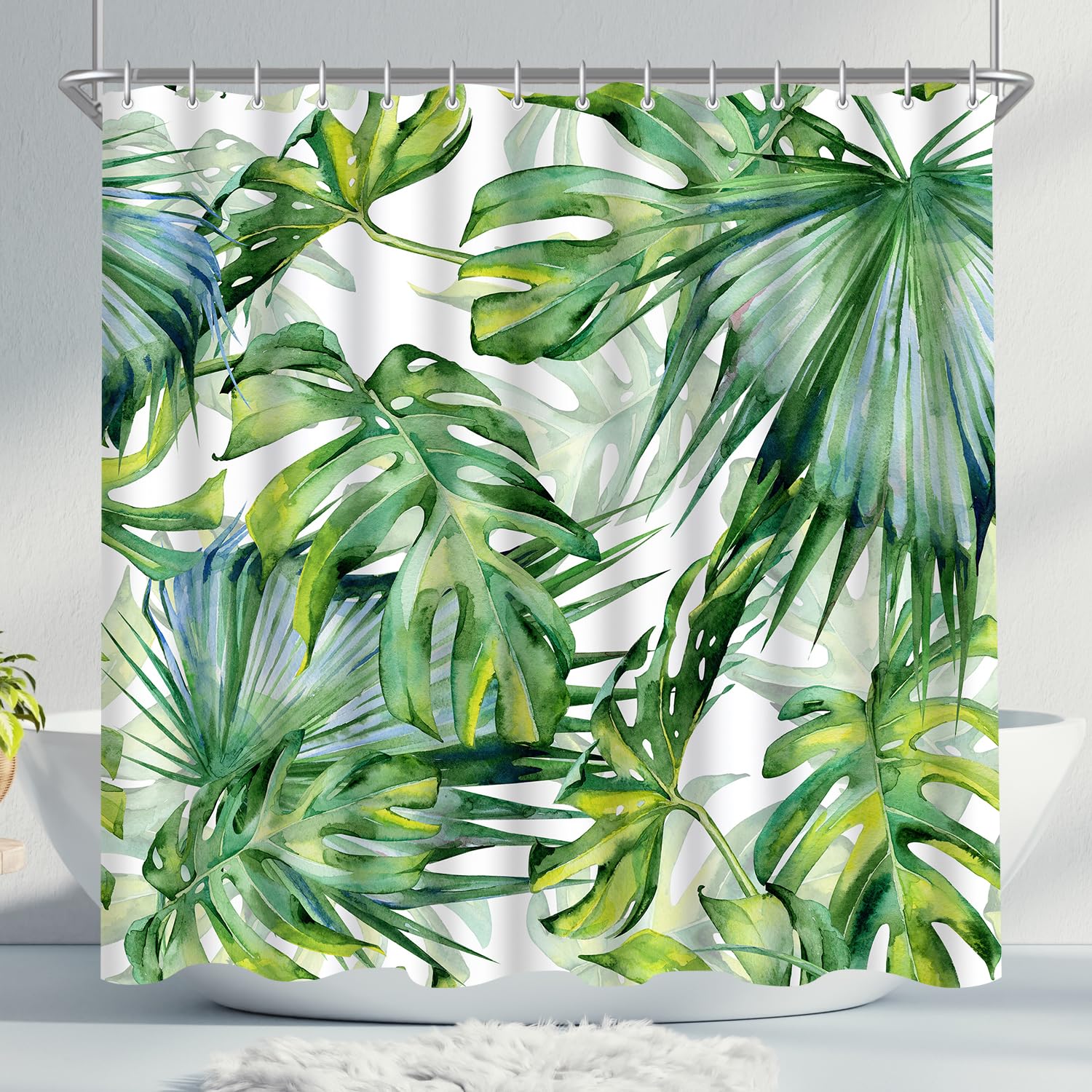 Lerores Shower Curtain, 100 x 200 cm, Green Leaves Plant, Weighted Hem, Anti-Mould Textile, Waterproof, Washable Polyester Fabric Bath Curtains with Eyelets and 8 Shower Curtain Rings for Bathroom,