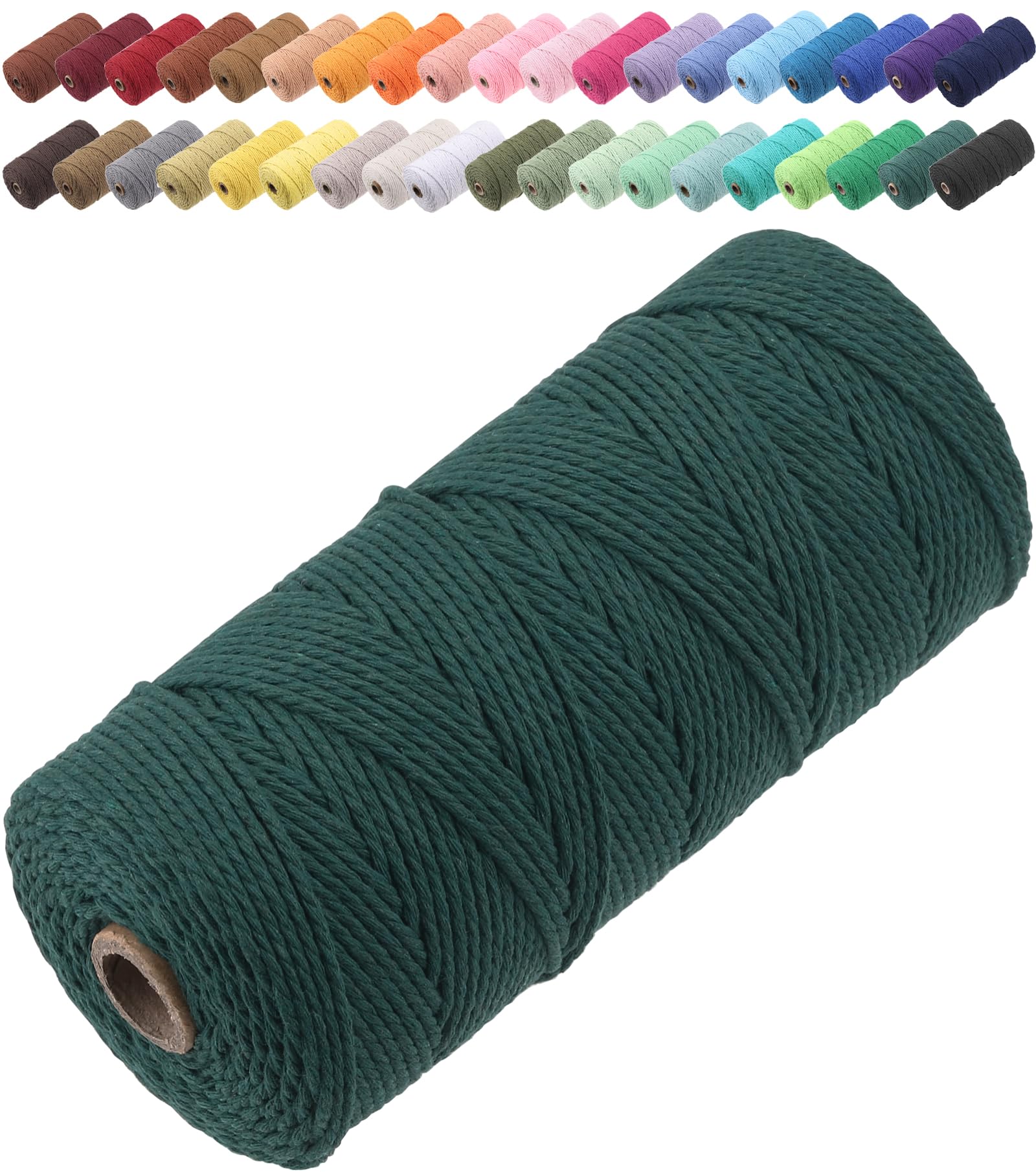 GOHOF Macrame Cord 2mm x 205m Premium Cotton Macrame Rope, 3 Strand Twisted Soft Cotton Cord, One of The Most Perfect Materials for Macrame Art, Cotton String Without Chemicals (Deep Green)
