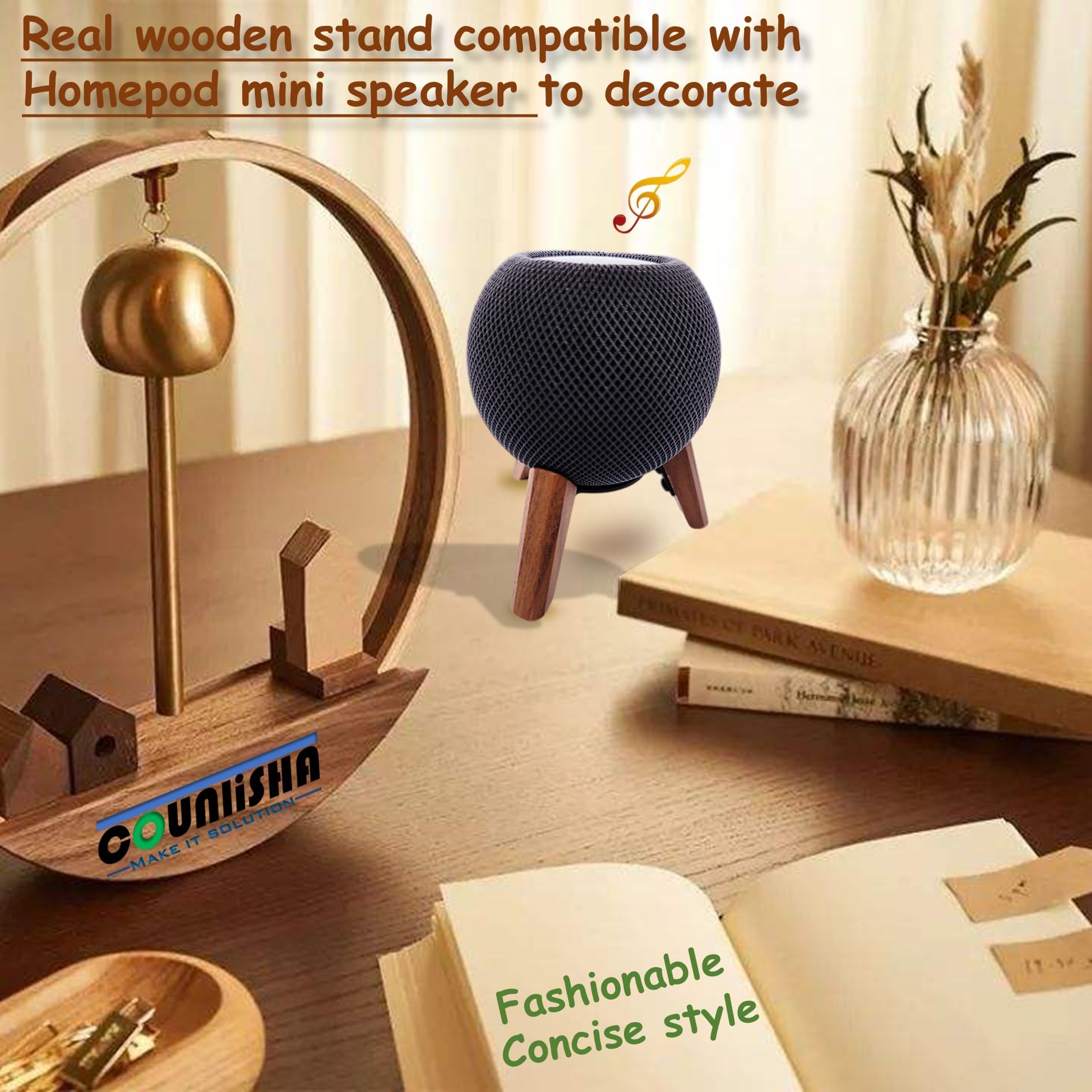 Real Wood Stand for Homepod mini(2020 Released), Wooden Holder Tripod with Metal Frame,Safe Stable Mount with Anti-Slip Silicone pad Protects Home pod mini Speaker Well (Color:Walnut)