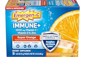 Emergen-C Immune+ Triple Action Immune Support Powder, BetaVia (R), 1000mg Vitamin C, B Vitamins, Vitamin D and Antioxidants, Super Orange, Back to School Essentials – 30 Count