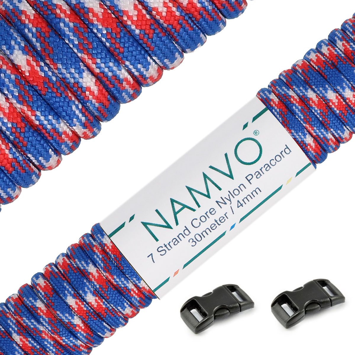 Namvo 550 Paracord Mil Spec Type III 7 strand parachute cord Total Length 100ft / 30 Meters, Red + White + Blue