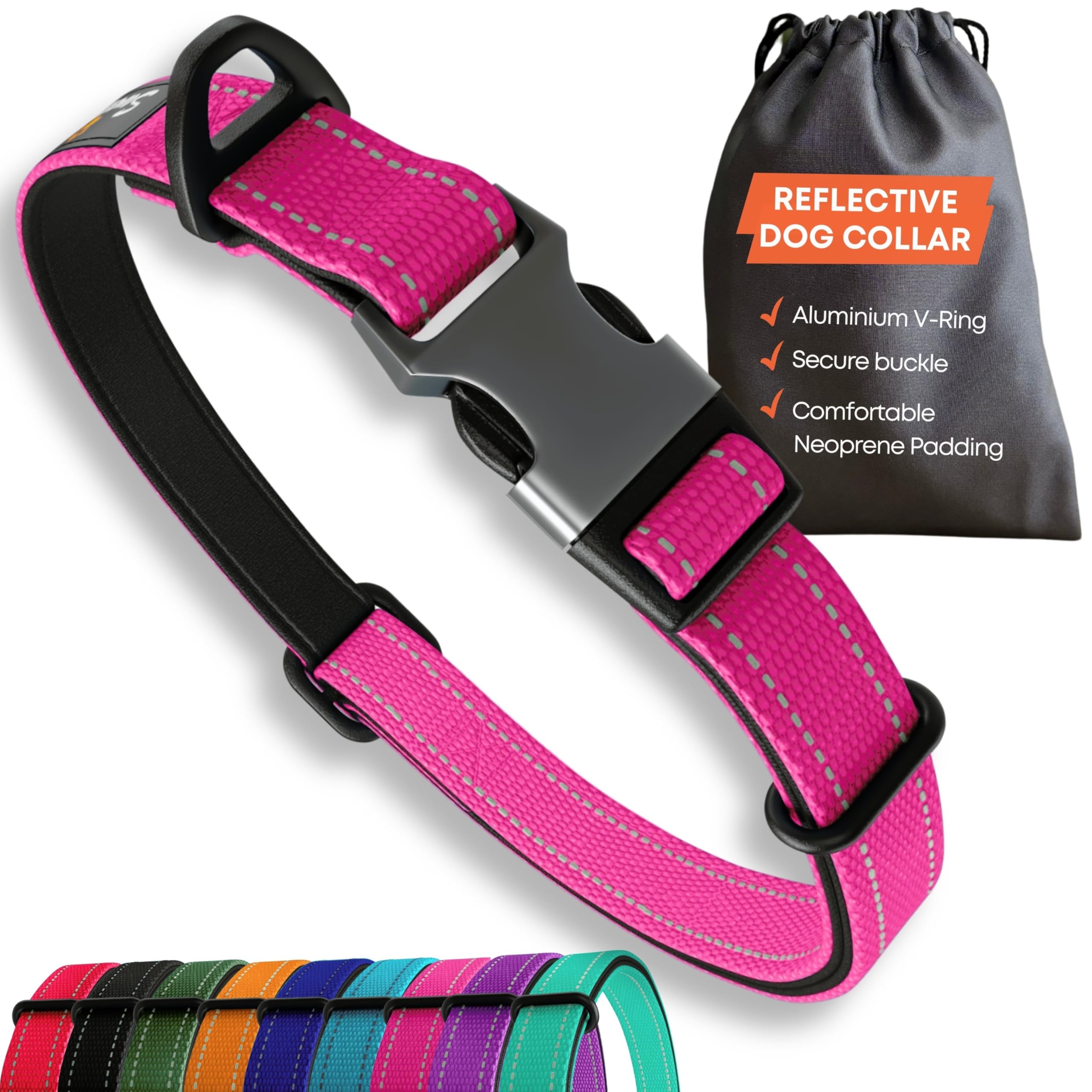 Pink Dog Collar Large Dogs – Strong Reflective Adjustable Padded Dogs Collars - Aluminium V-ring Dog Safety