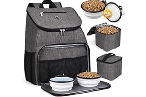 BAGLHER丨Dog Travel Bag, Airline Approved Pet Supplies Backpack, Dog Travel Backpack Accessories Set with 2 Silicone Collapsible Bowls and 2 Food Baskets, Gray