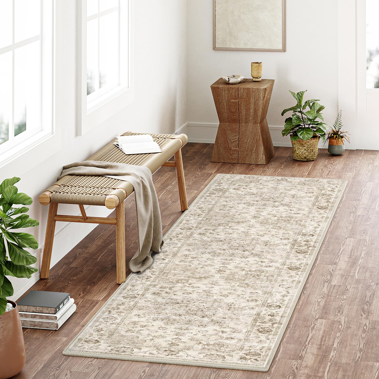 Photo 1 of WondRg 2x7 Washable Neutral Runner Rug Beige Vintage Hallway Kitchen Carpet Non-Slip Soft Low Pile Floral Throw Rug for Bedroom Bathroom Laundry Living Room
