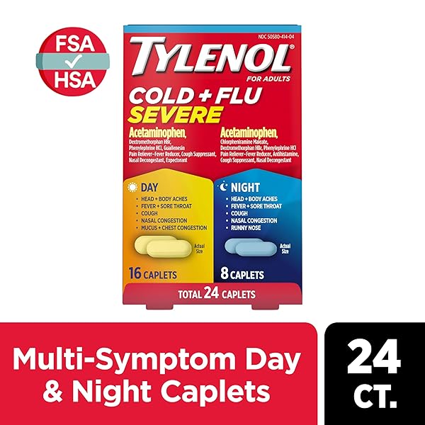 TYLENOL COLD + FLU SEVERE DAY & NIGHT CAPLETS COMBO PACK FOR MULTI-SYMPTOM COLD & FLU SYMPTOM RELIEF, COUGH, SORE THROAT, AND HEADACHE RELIEF, ACETAMINOPHEN PAIN RELIEVER, 24 CT
