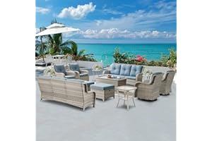 Belord Wicker Patio Furniture Sets - 13 Piece Outdoor Rattan Furniture Conversation Sets with 4 Swivel Rocker Chairs, 2 Rattan Sofas, Wicker Ottomans and Coffee Table, Light Grey/Baby Blue