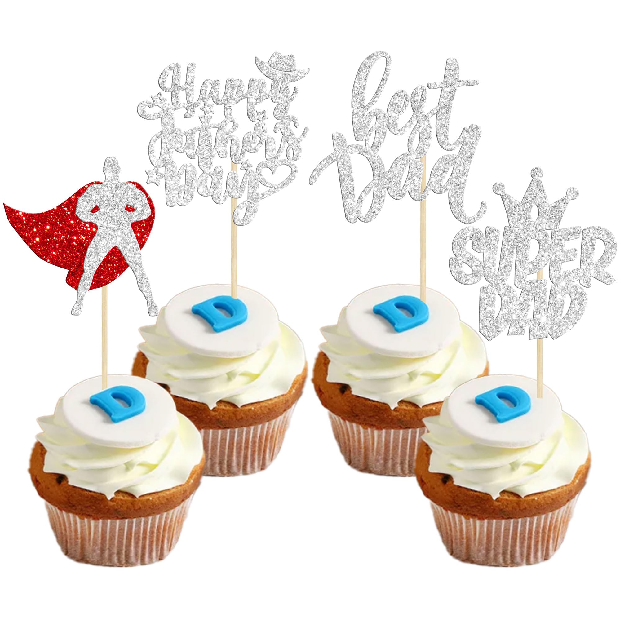 Gyufise 24 Pack Silver Glitter Happy Father's Day Cupcake Toppers Superhero Father Cupcake Topper Birthday Party Cake Decorations Toppers Picks for Father's Birthday Party Supply