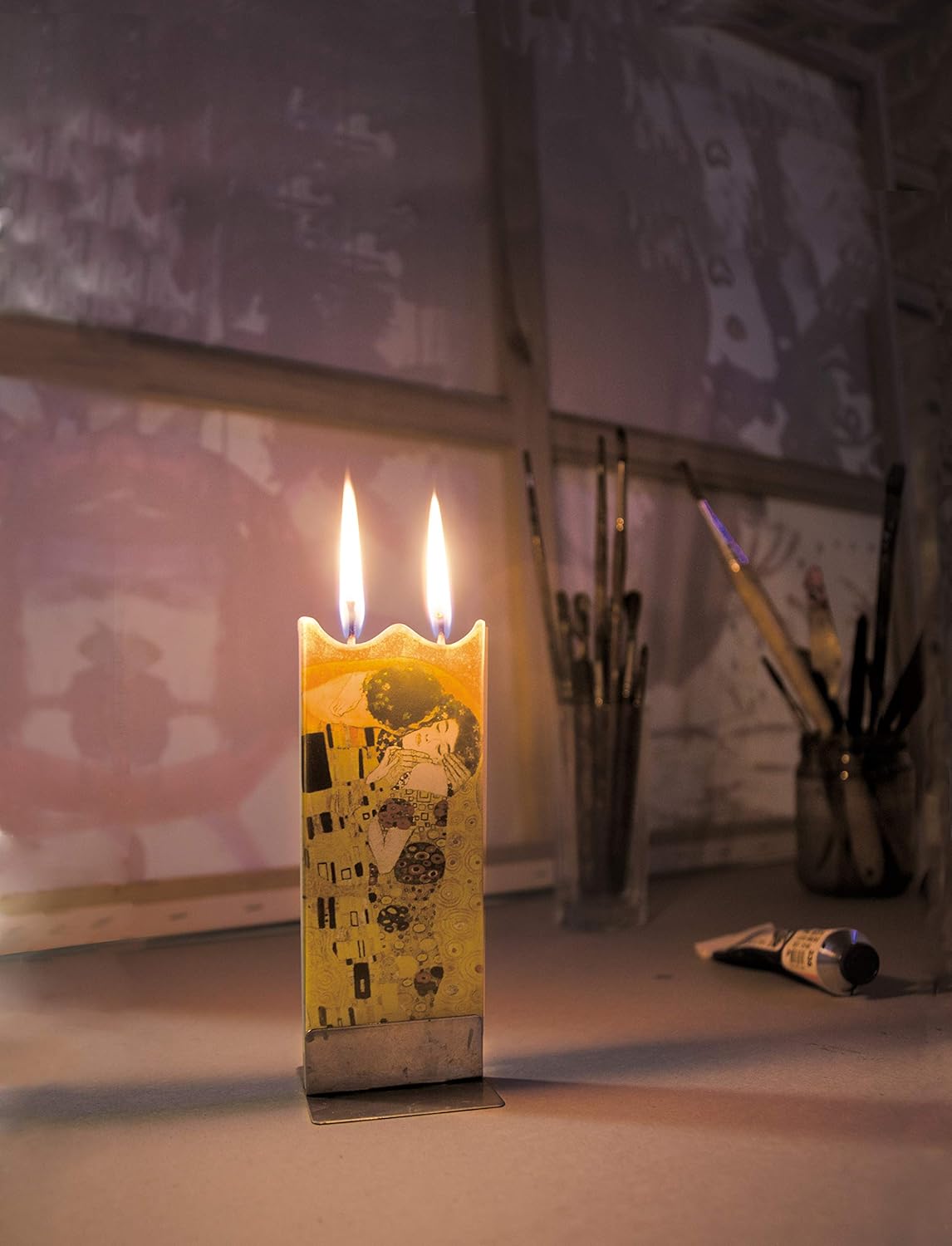 Flatyz Hand Painted Flat Candle| Unscented, Dripless, Smokeless, Decorative | Van Gogh – Cafe Terrace | Double Wick with Metal Base | Unique Gift Idea and Home Décor Accent: Home & Kitchen