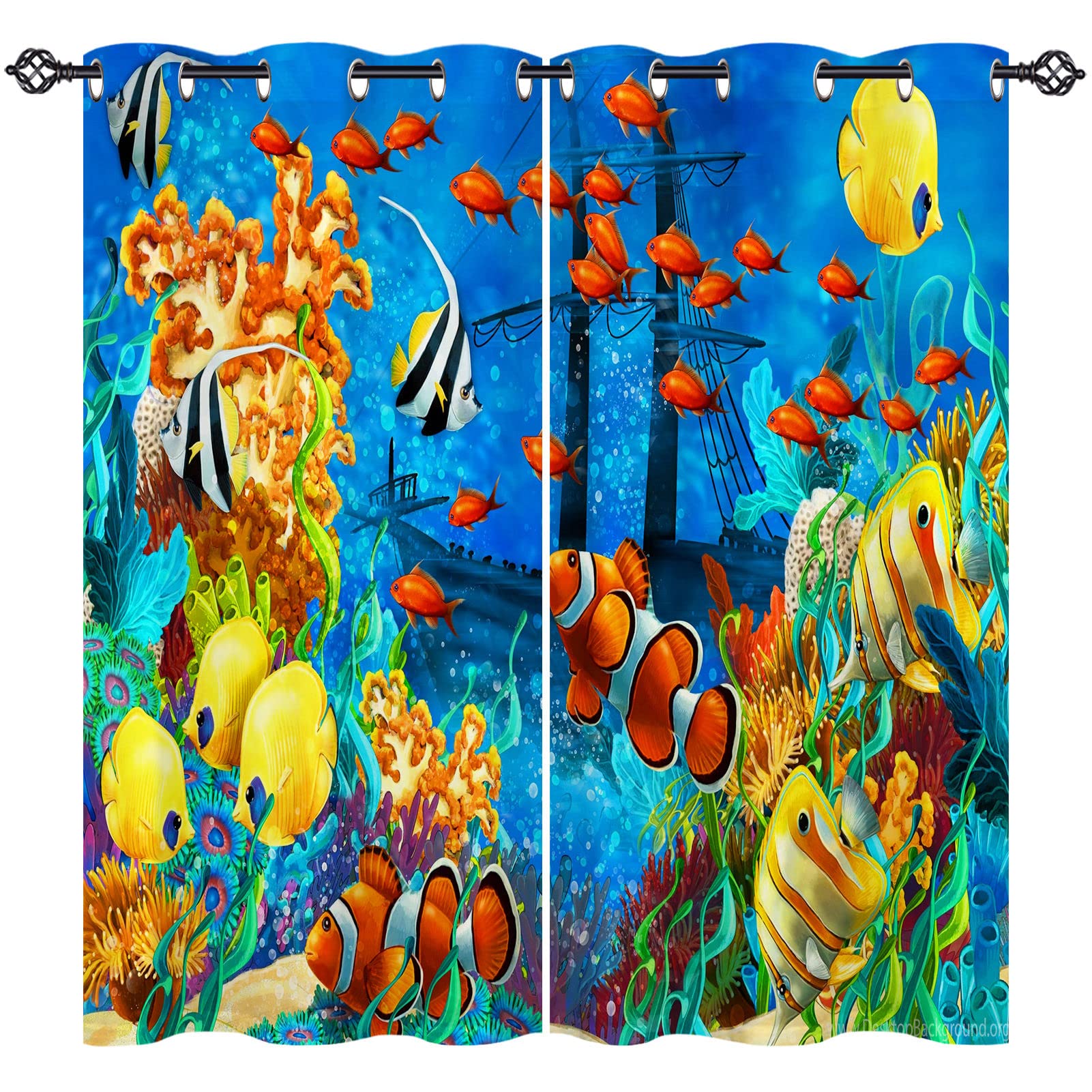 ANHOPE Ocean Curtains Eyelet 80% Blackout Room Darkening Curtains with Sea Animal Fish Shipwreck Print Pattern Thermal Insulated Window Drapes for Kids Bedroom Living Room 46 x 54 Inch Drop 2 Panels