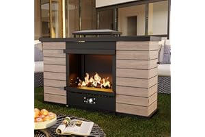QSOER 63.0''x37.6'' Outdoor Propane Fireplace, 50,000 BTU Vent-Free Gas Heater, CSA Certified Grey & Black Weather-Resistant Steel, Realistic Ceramic Logs, Rain Cover Included