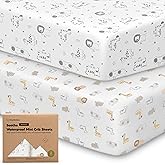 2 Pack and Play Sheets, Waterproof Mini Crib Sheets Fitted - 38x26 Organic Cotton Pack N Play Sheets for Graco Pack and Play Mattress, Playard Baby Crib Sheets,Neutral for Boy,Girl,Toddler(KeaSafari)