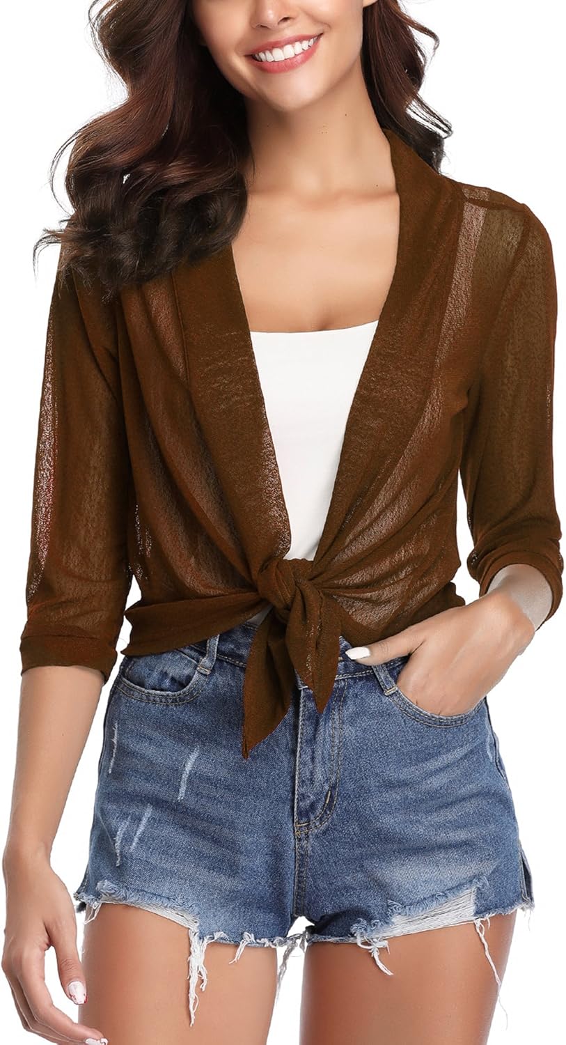 Womens iClosam Sheer Cardigan Bolero Cropped Sleeve 3/4 Front Tie Shrug