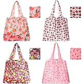 4PCS Extra Large 50lbs Reusable Shopping Bags, Foldable Grocery Bags for Kitchen and Supermarket, Washable Polyester Bag for Women, 4 Patterns Tote Bag in Pocket (Orange, Cherry, 2 Strawberries)