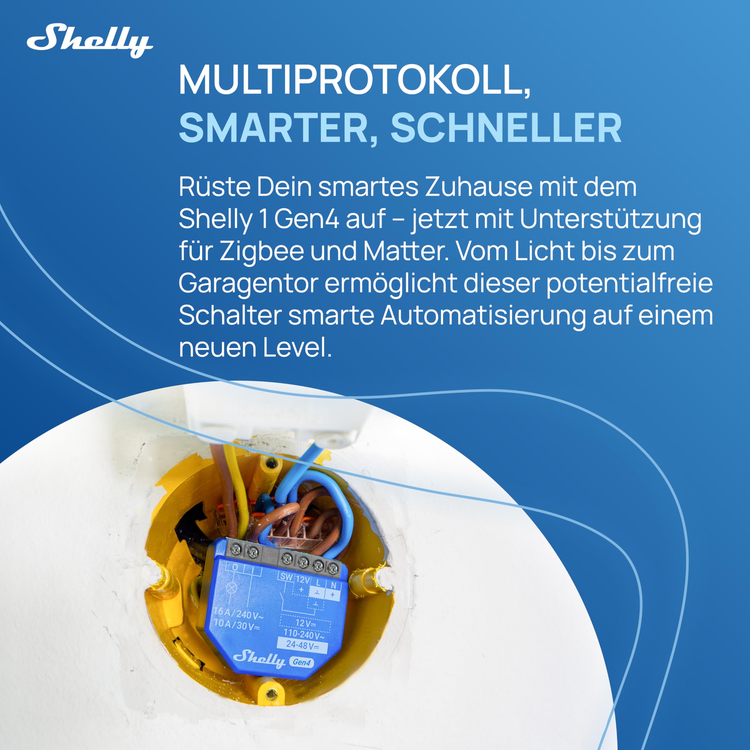 Shelly 1 Gen4 - WLAN Smart Relais Schalter, Potentialfreier Kontakt, 1 Kanal, 16A, Lichtschalter, Garagentoröffner, Smart Home, Zeitschaltuhr, Alexa & Google, Matter, Zigbee, Kein Hub Erforderlich 2