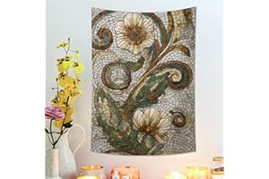 Floral Mosaic Tapestry, Beige Green Decorative Wall Hanging, Vintage Aesthetic for Living Room, Bedroom, Home Decor 30x40 Inc