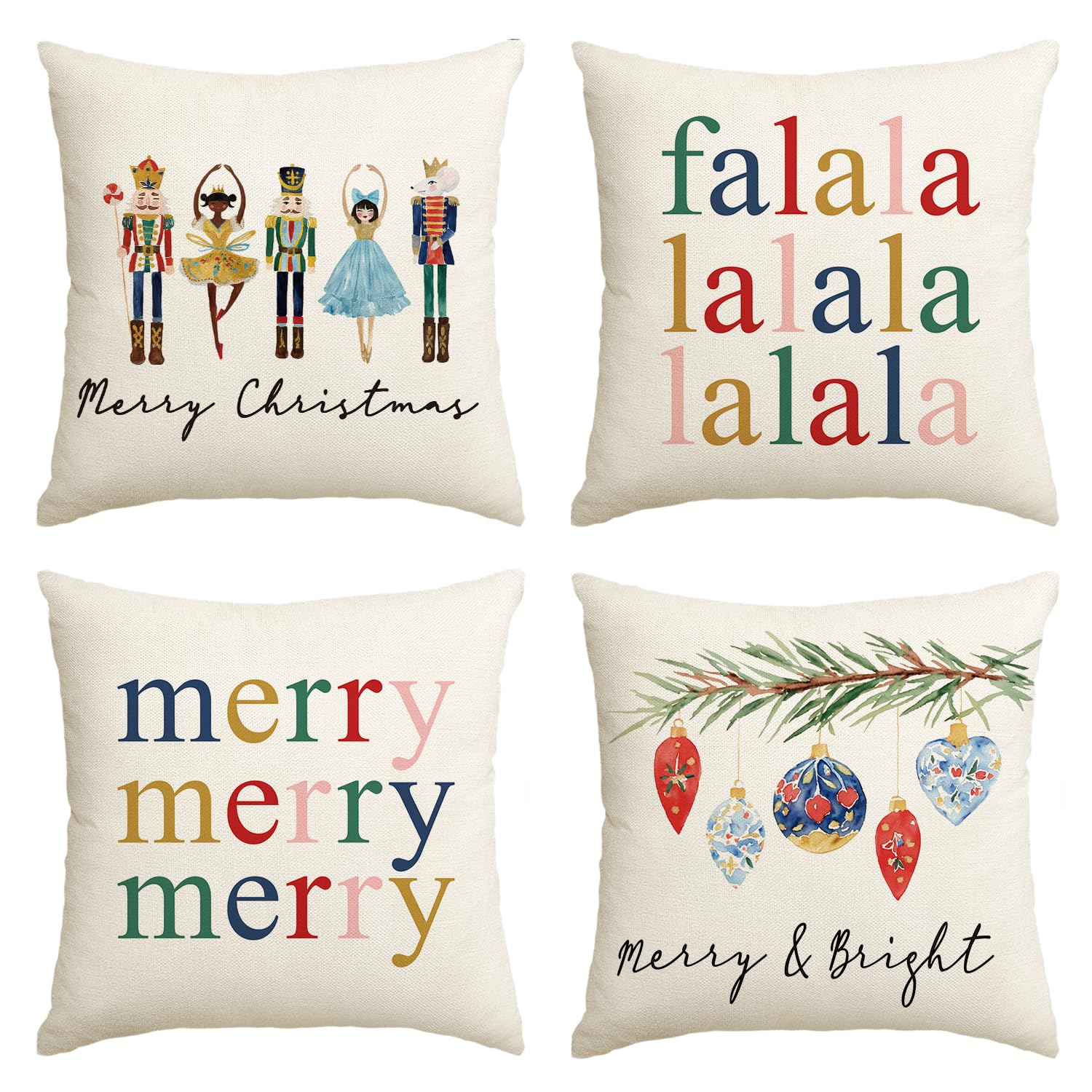 Artoid Mode Falala Nutcrackers Bells Merry Christmas Cushion Covers Set of 4, 50x50 cm Xmas Winter Decorative Pillow Case Cover Living Room Decor