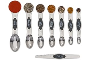 CH1EF Magnetic Metal Measuring Spoons Set Stainless Steel Etched Stackable Teaspoons Tablespoons Dual Sided Measure Spoon set of 8 for Measuring Dry and Liquid Ingredients (Black)