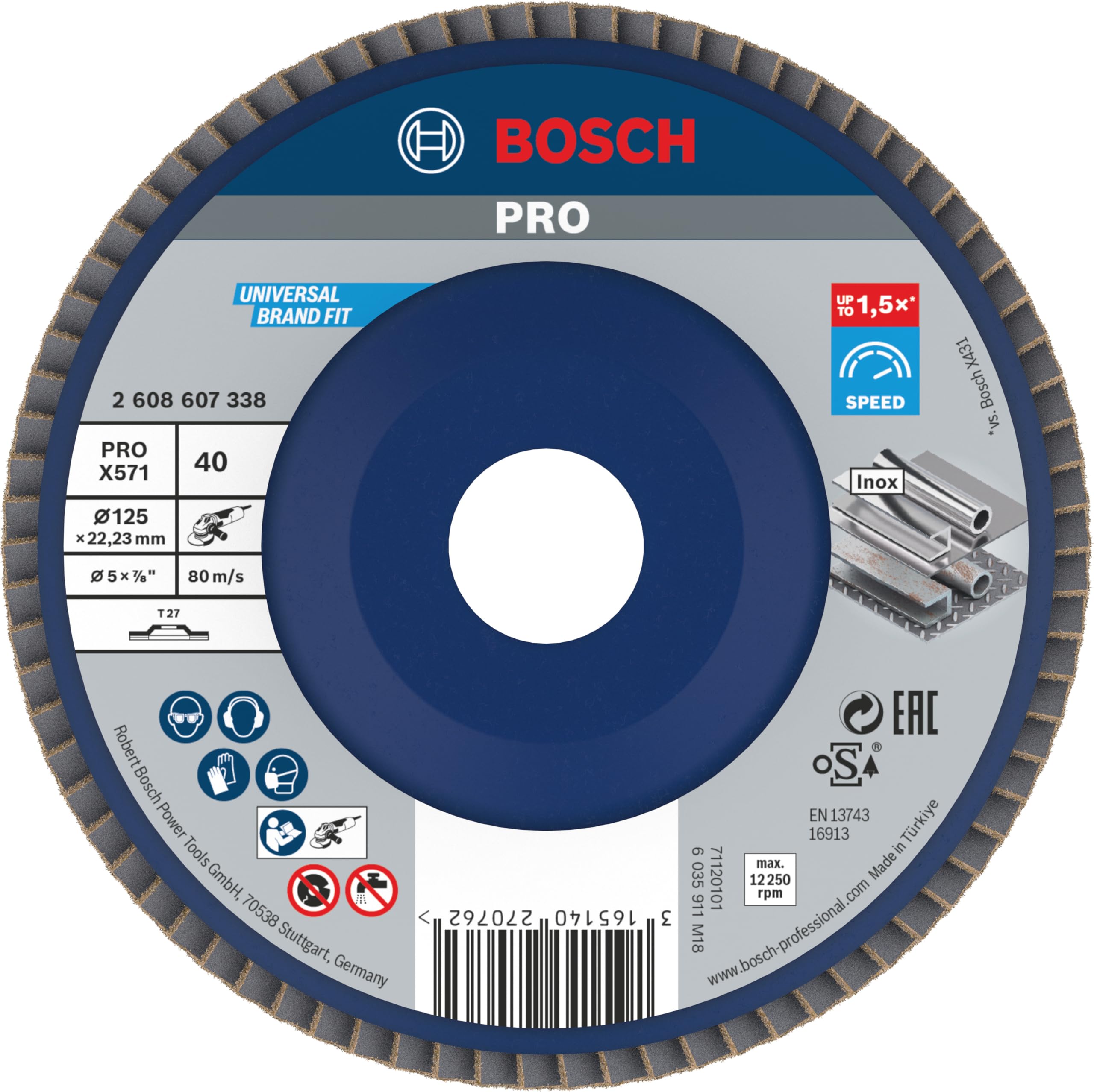 Bosch 1x PRO Metal X571 Flap Disc Straight Version Plastic for Small Angle Grinders (for Steel, Stainless steel, Ø 125 mm, Grit 40, Professional Accessory Small Angle Grinder)