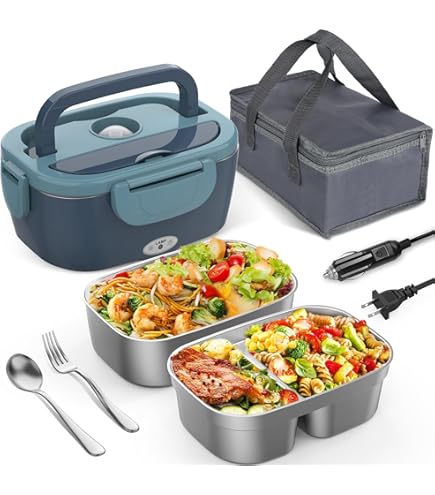 Boîte Repas Chauffante électrique 1.5L - 80W - Pour Voiture (12V/24V) Et Maison (220V) - Acier Inox 304, Anti-fuite