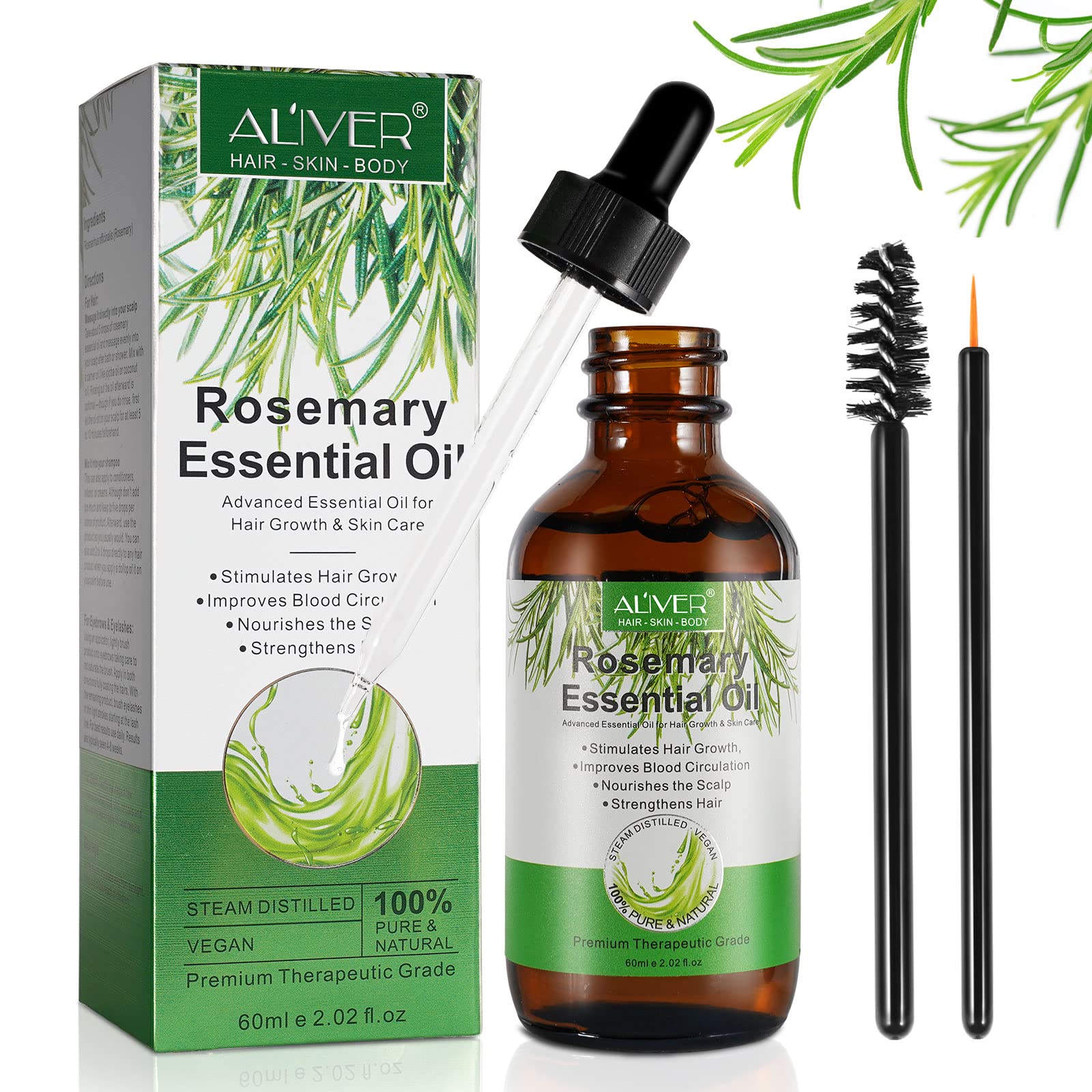Rosemary Oil for Hair Growth 60 ml, Rosemary Essential Oil for Eyelashs, Eyebrows, Face, Skin Care, Body Massage, Aromatherapy, Hair Loss Treatment, Nourishes The Scalp, Improve Blood Circulation
