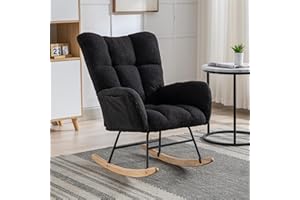 ETCZOYE Nursery Rocking Chair Teddy Upholstered Glider Rocker Rocking Accent Chair with High Backrest Armchair Comfy Side Pocket Chair for Living Room, Bedroom, Offices (Classic Black)