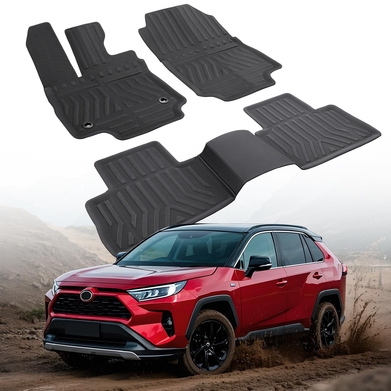 Photo 1 of Car Floor Mats for Toyota RAV4: 2025 2024 2023 2022 2021 2020 2019, All Weather Rubber Floor Liners Custom Fit for Toyota RAV 4 Accessories Gas & Hybrid Model Front Rear Carpet 5 Seat SUV (3PCS Black)