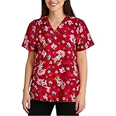COCO BRANDS Strawberry Shortcake Women's All Over Print, V-Neck Scrub Top with Pockets - Comfortable Work Uniform