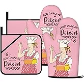 Funny Oven Mitts and Pot Holders Sets Pink Kitchen Accessories and Decor Heat Resistant Kitchen Cooking Baking Gifts Retro Humor Fun House Warming Gifts for Women (Pink, Oven Mitts & Pot Holders)