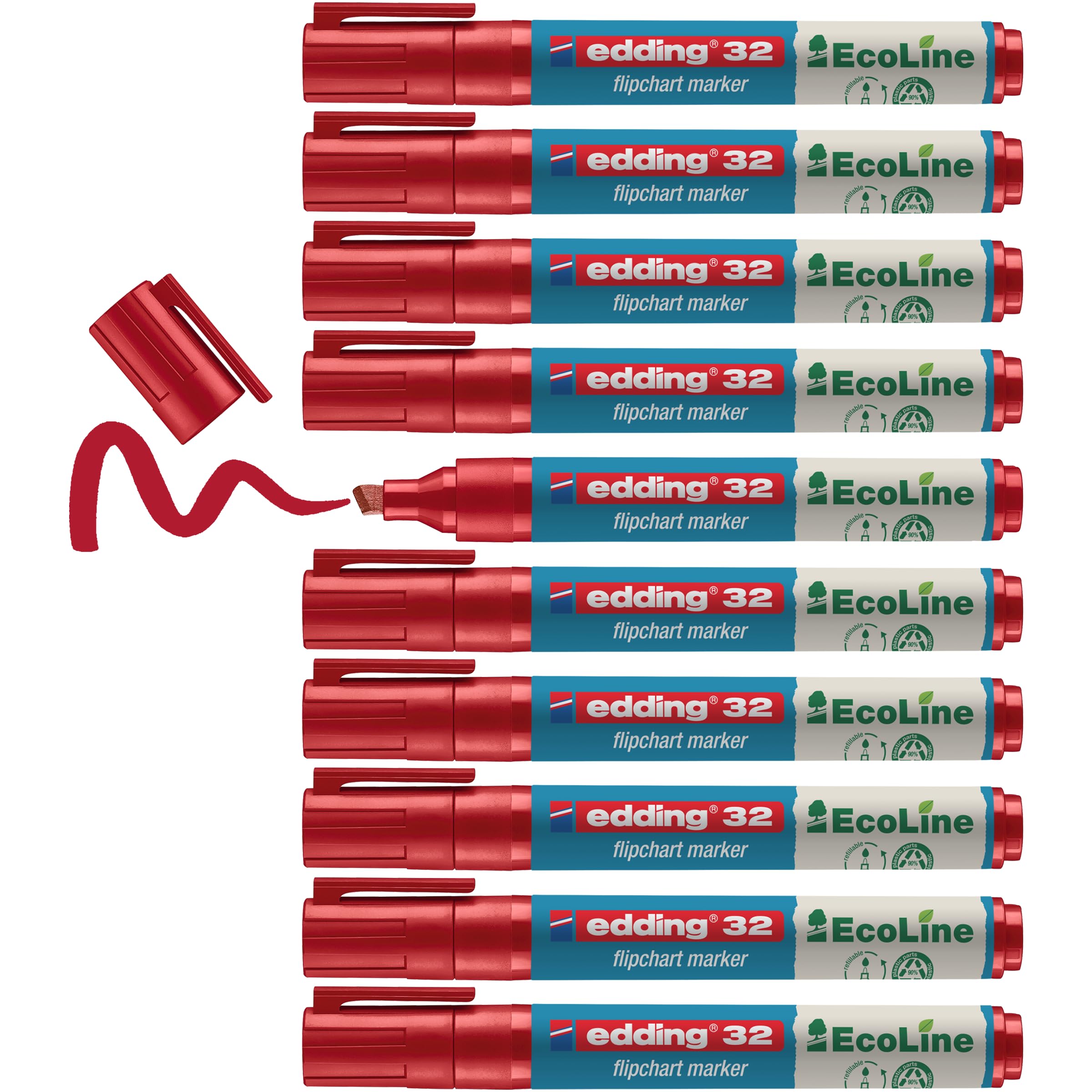 edding 32 EcoLine flipchart marker - red - box of 10 - chisel nib 1-5 mm - marker for writing, drawing on flipchart paper - does not bleed through - does not dry out - refillable