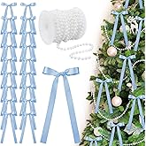 Jutom 24 Pcs Valentines Tree Bows Decoration Valentines Blue Satin Bows Ornaments with Faux Pearl Beads for Tree Galentines Wedding Anniversary Coquette Birthday Party Holiday Decor, 3.94x7.87inch