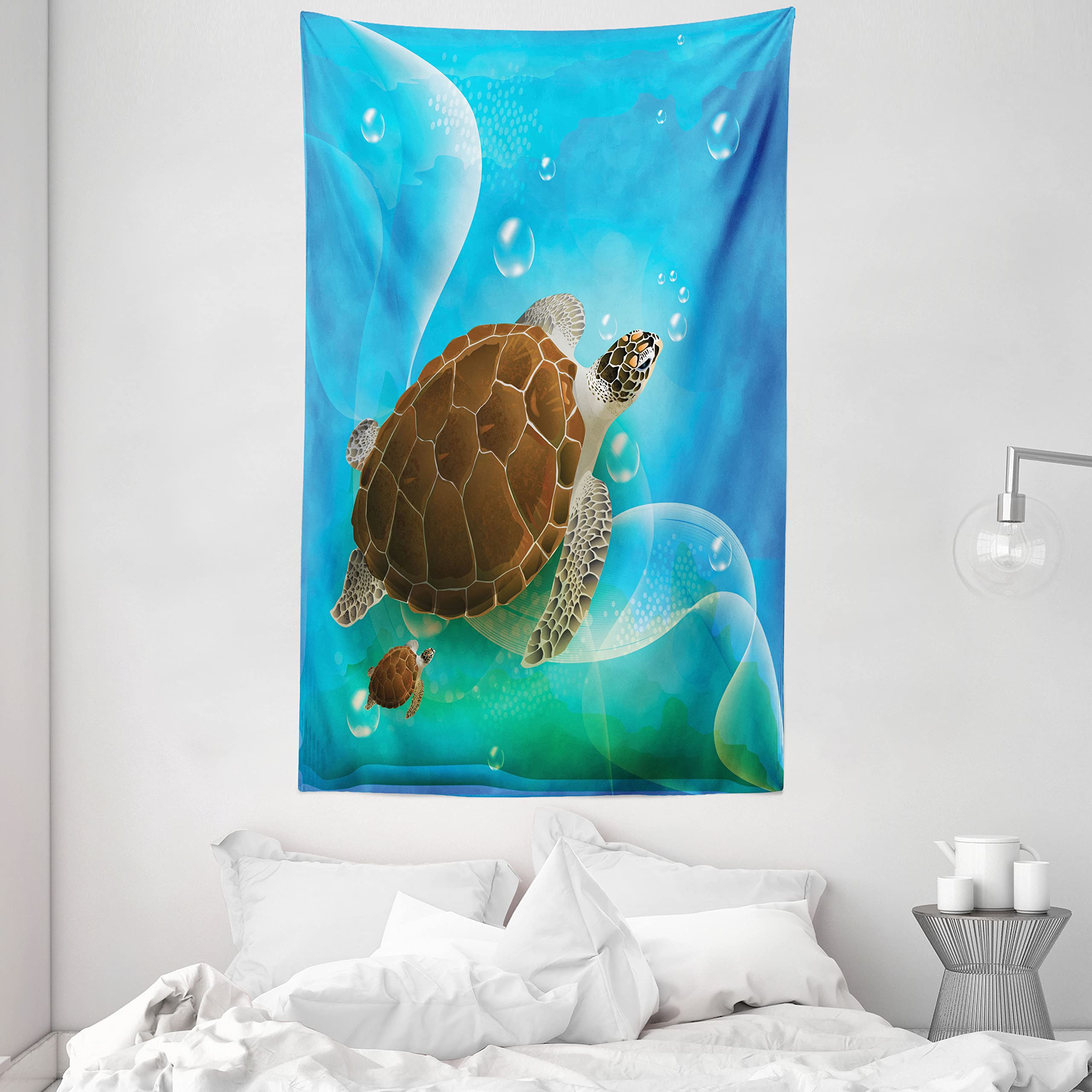 ABAKUHAUS Ocean Tapestry, Swimming Turtle Family, Fabric Wall Hanging Decor for Bedroom Living Room Dorm, 54 W X 90 L, Green Blue Brown