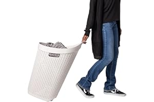 Mind Reader 60L Rolling Laundry Hamper, Clothes Basket, Wheels, Wicker Style, Plastic, 19.5"L x 14.75"W x 29.25"H, Ivory