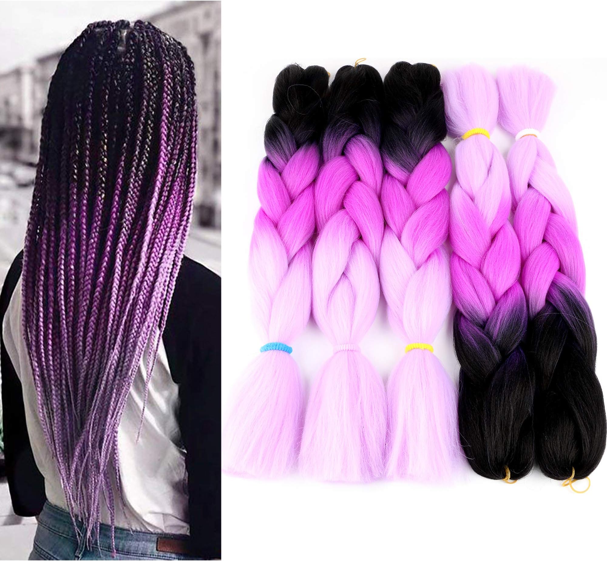 Crochet Braid Hair Ombre Kanekalon Braiding Hair, 24 Inch 100G Pure Color Jumbo Braids Synthetic Hair For Braid(Black-purpe-lighter purple)