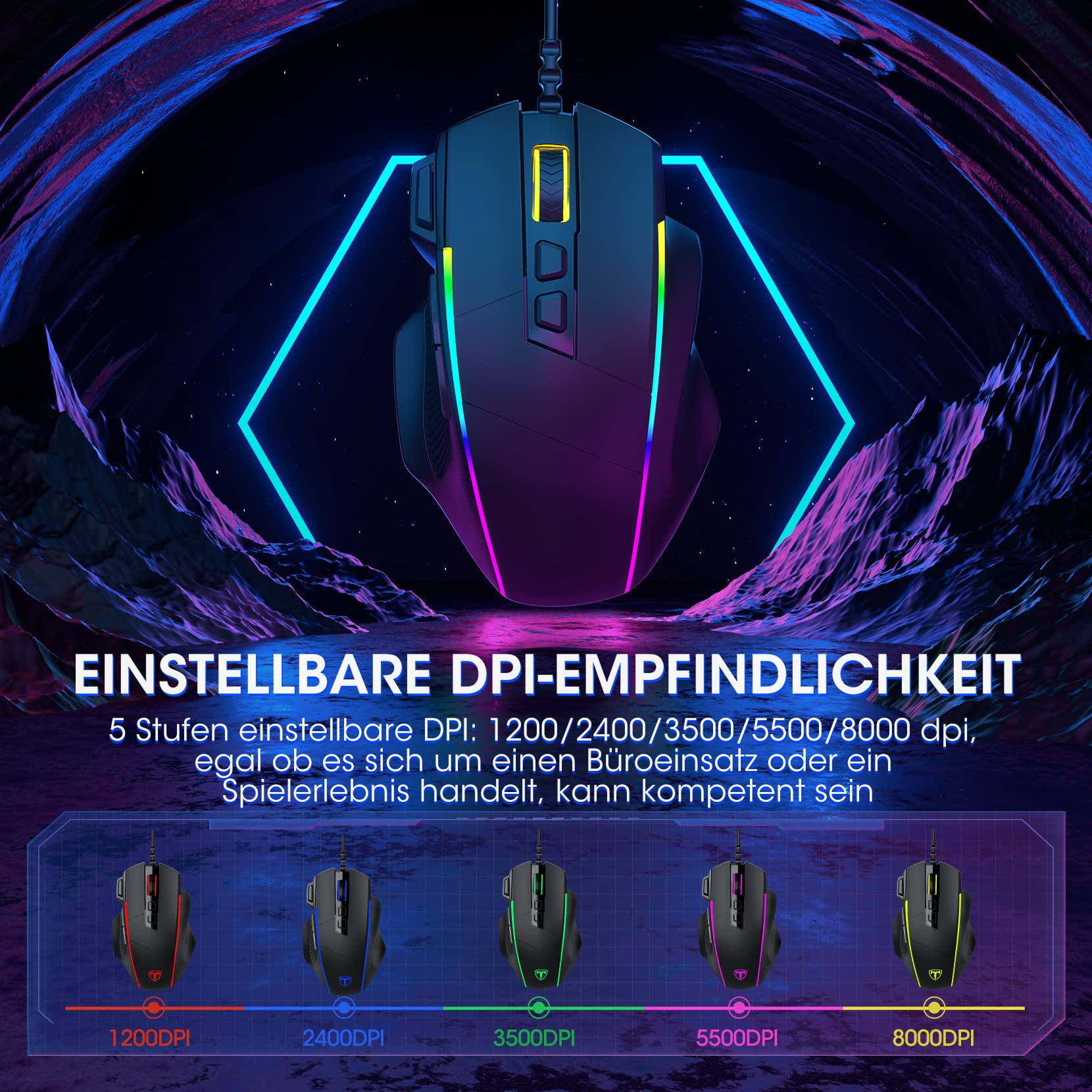 Dacoity Gaming Maus, Gaming Mouse mit 8 Programmierbare Tasten und Einstellbar 8000 DPI, RGB Beleuchtung PC Maus mit Kabel,USB-Wired Mouse mit Feuertaste ergonomisches für MMO,FPS,MOBA,Windows,PC,Mac 2