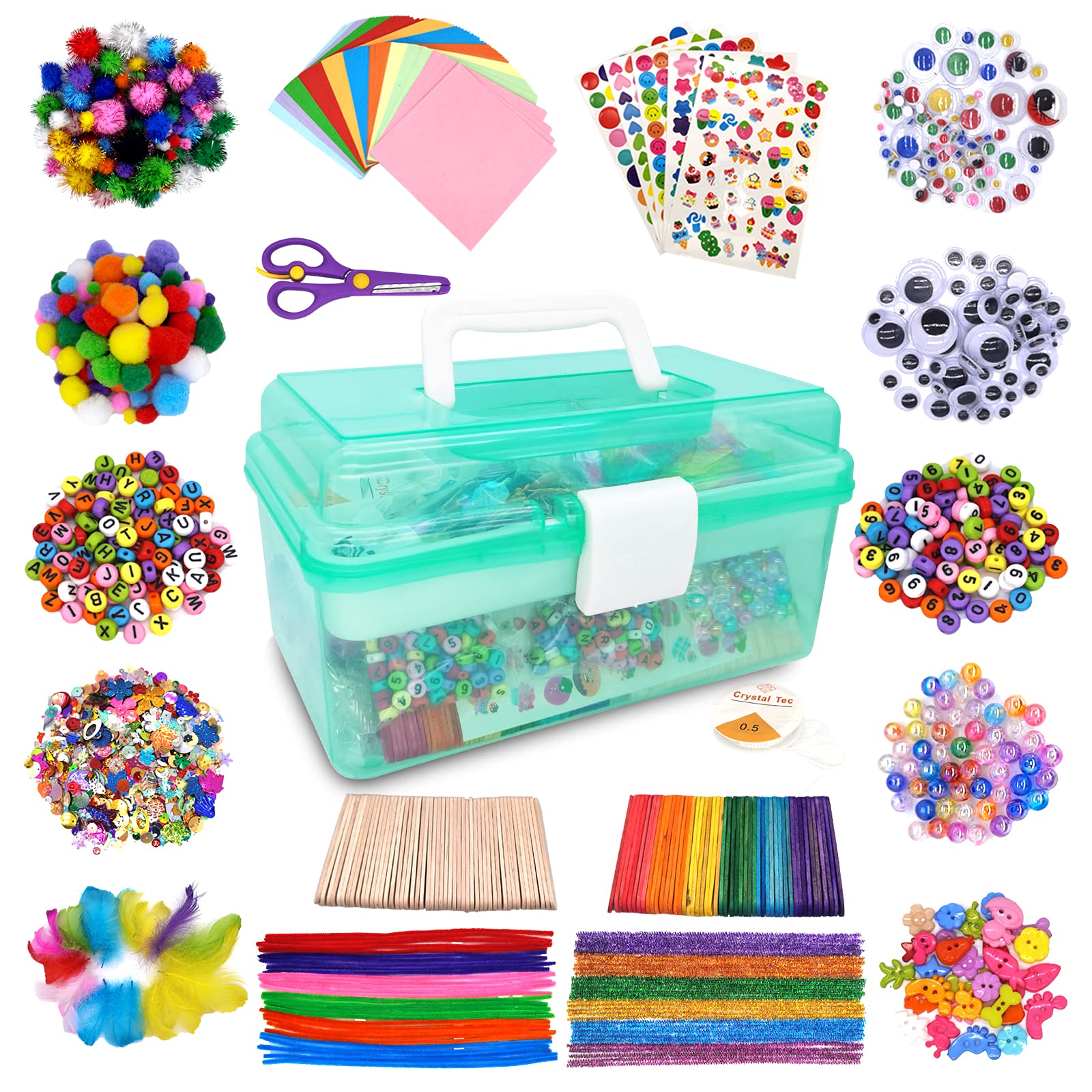 obqo 1000+ Pcs Kids Craft Box Kit, Toddler Arts and Crafts for Kids Includes Pom Poms, Pipe Cleaners, Feather, Folding Craft Box - All in One for Kids Toddler DIY Craft Set(Green)