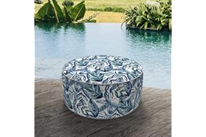 DYTXIII Inflatable Ottoman Stool D31 xH14 for Outdoor/Indoor Use, Water Repellent Patio Foot Rest Stool with Portable Handle,Round Pouf Ottoman Suitable for Garden,Deck and Camping - Leaves Ink Blue