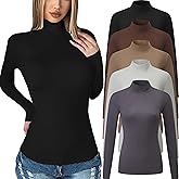 Chongbaijia 5 Pack Womens Long Sleeve Tops Mock Turtleneck Basic T Shirt Fall Stretch Tight Fitted Thermal Shirts