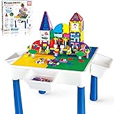 PicassoTiles 585pc Kids Activity Table Magnetic Tiles and Building Bricks STEM Pretend Play Learning with Reversible Brick Whiteboard Tabletop Storage Bins and Add-On Toys Boys Girls Ages 3+ PBT585