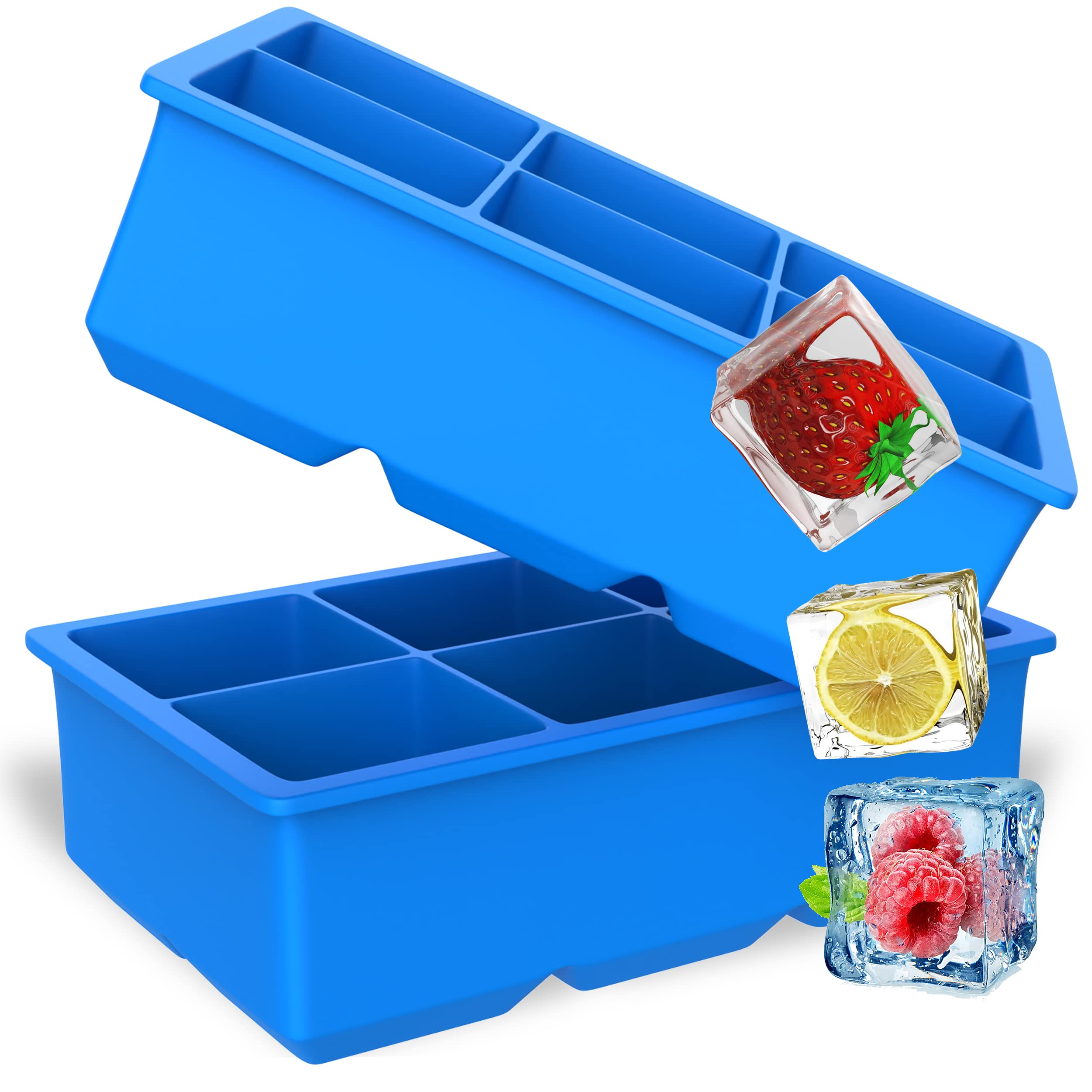 Stark home Pack of 2 Silicone Ice Cube Tray, Blue Reusable Ice Tray, BPA Safe Large Ice Cube Moulds for Whiskey, Cocktails, and Party Drinks (Blue-Square)