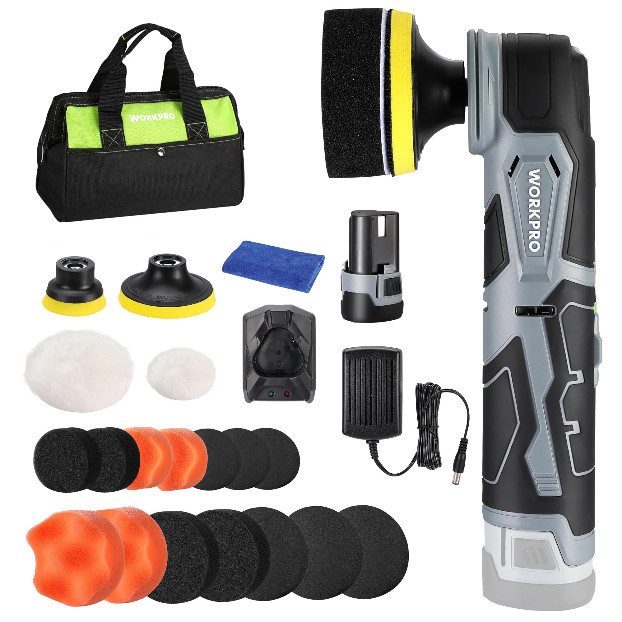 Photo 1 of **MISSING BATTERY**
WORKPRO Cordless Mini Buffer Polisher, 12V Buffer Polisher for Car Detailing, 5 Variable Speed Up to 3000RPM, Compact Cordless Polisher Kit for Waxing, DIY Projects, Furniture Polishing