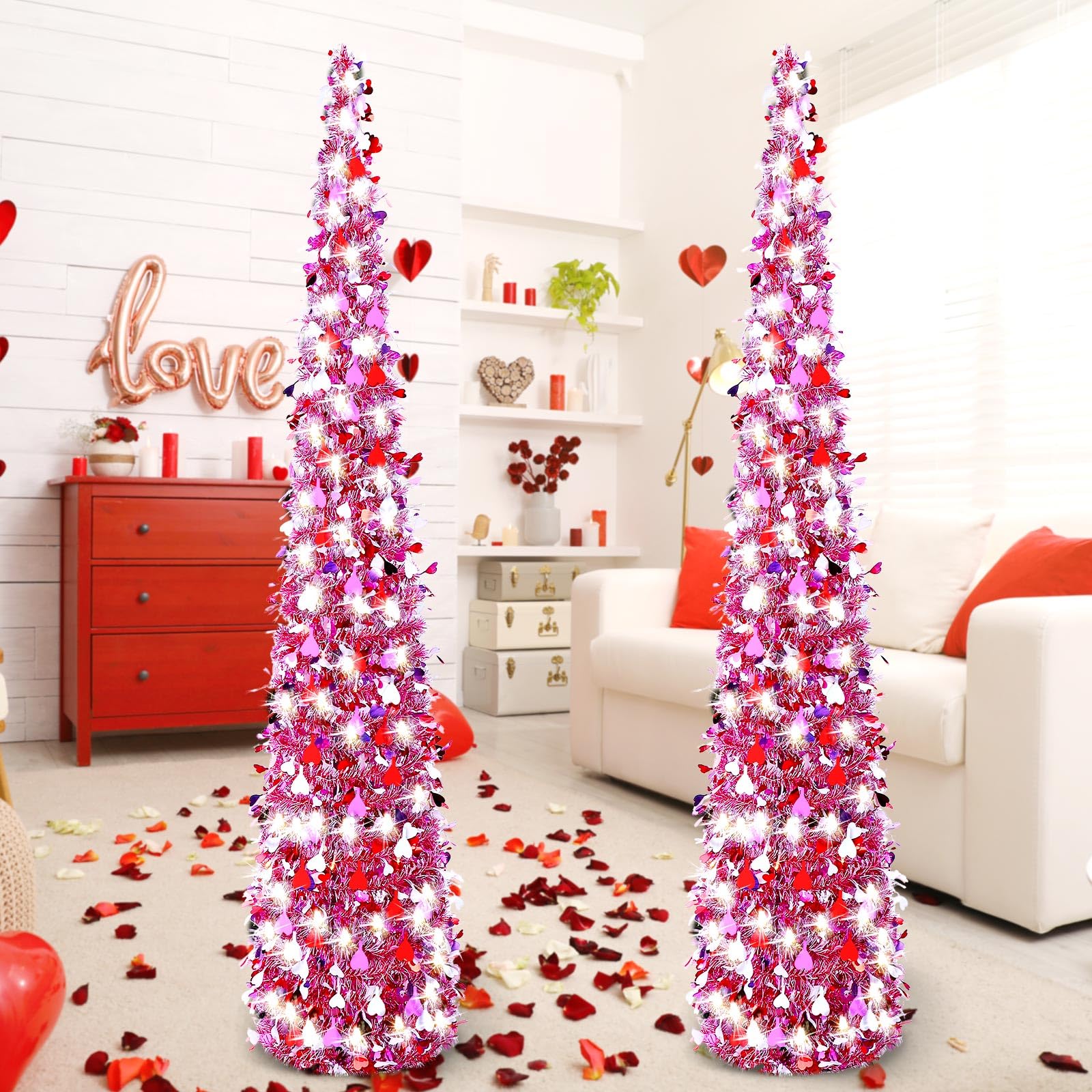 Photo 1 of Sosation 2 Pcs 5 ft LED Valentine's Day Trees Pop up Tinsel Valentine's Day Decorations Artificial Pencil Trees with String Lights Collapsible Party Decor for Fireplace Home(Pink Red)