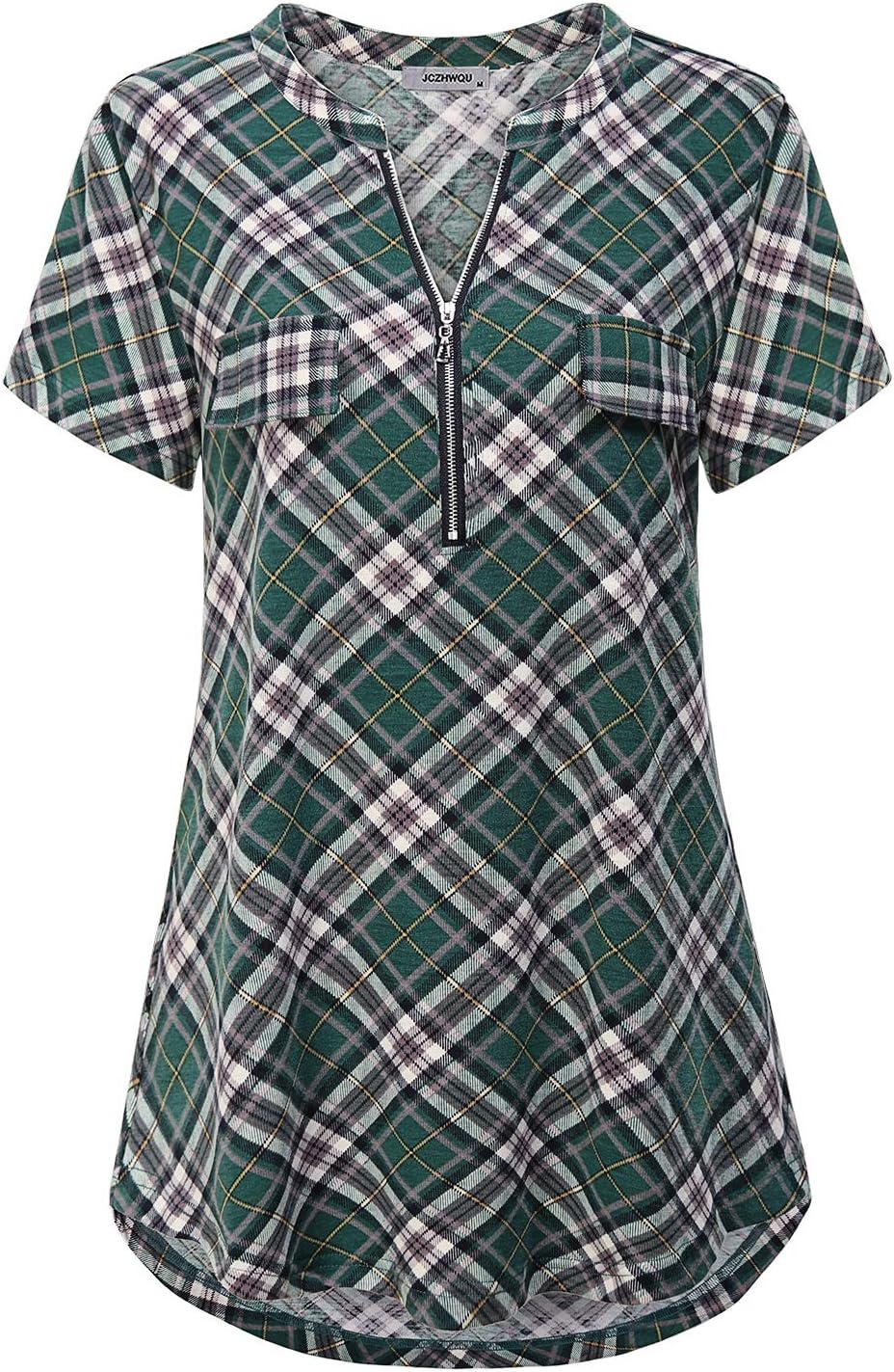 Women's Zip Up V Neck Short Sleeve Casual Tunic Shirt