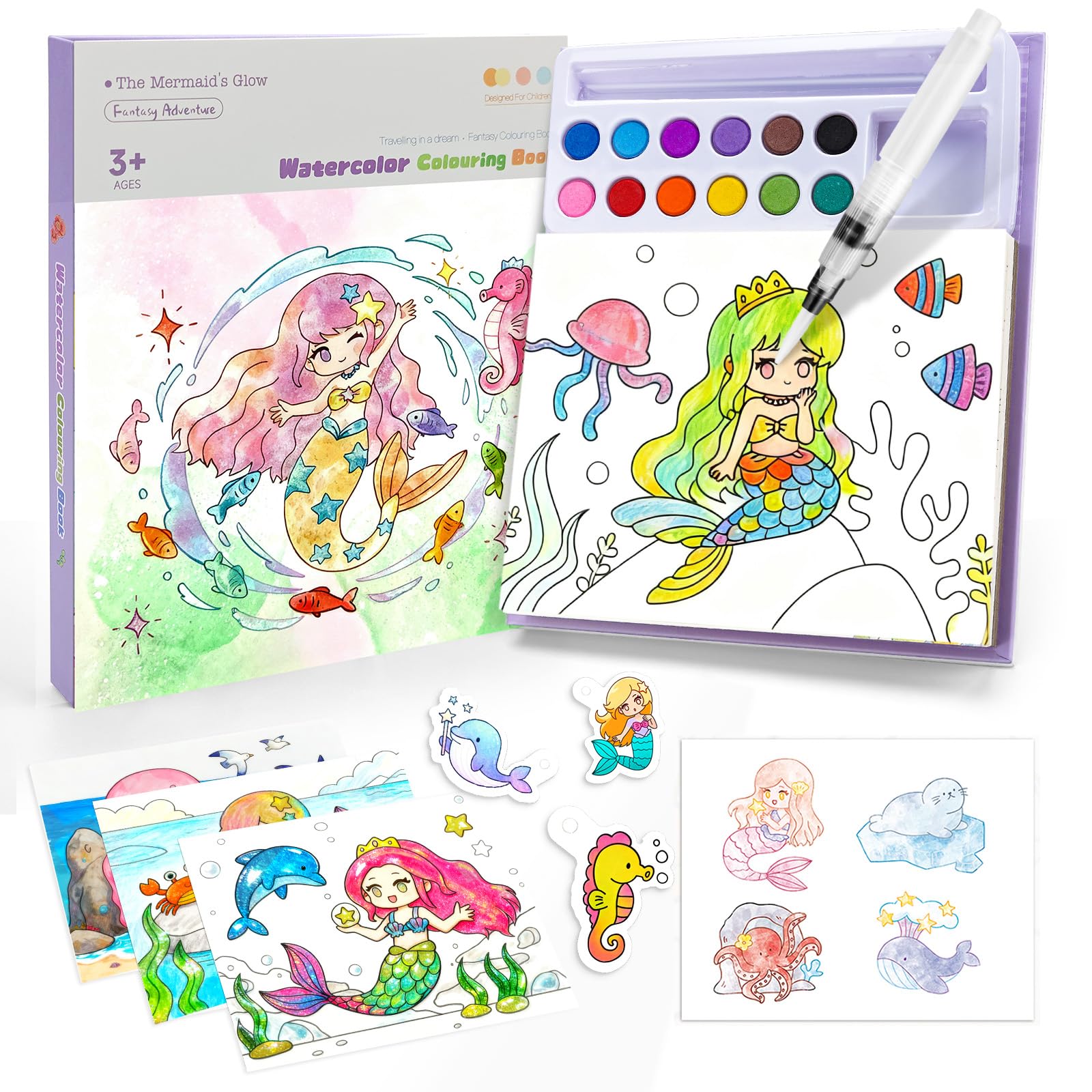 Mermaid Water Coloring Book For Kids:12 Colors 3-In-1 Paint Set With 3 Types Coloring Workbook & Brush | Art Crafts Activity/Educational Toys For Girls Boys Ages 3+ | No Mess Watercolor Painting Kit