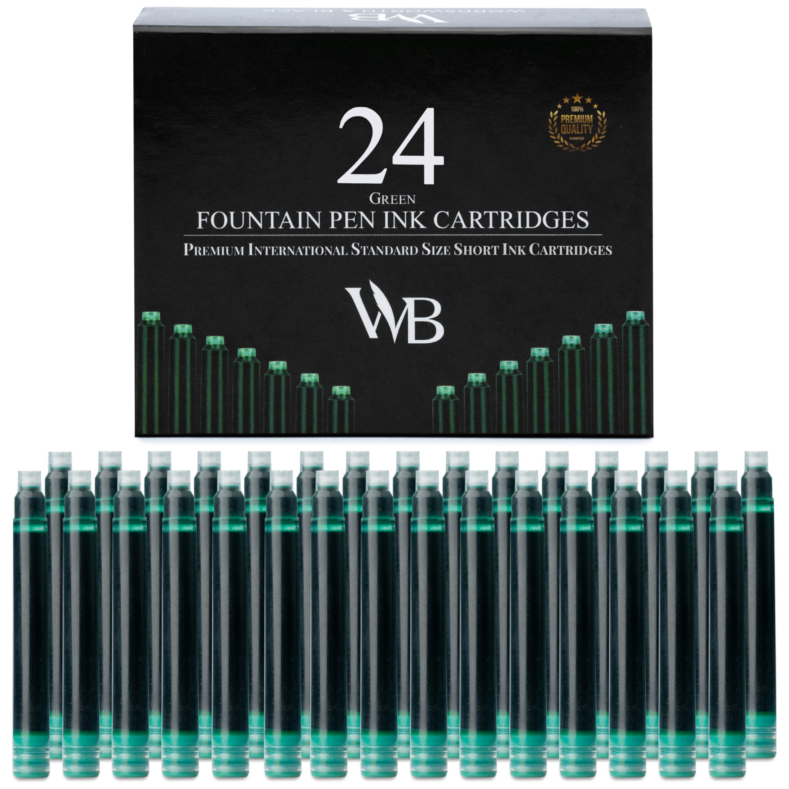 Wordsworth & Black 24 Pack Fountain Pen Ink Refills - Set of 24 Green Ink Cartridges - International Standard Size - Length APPR 2.3" - Base Diameter APPR 0.24" - Disposable and Generic