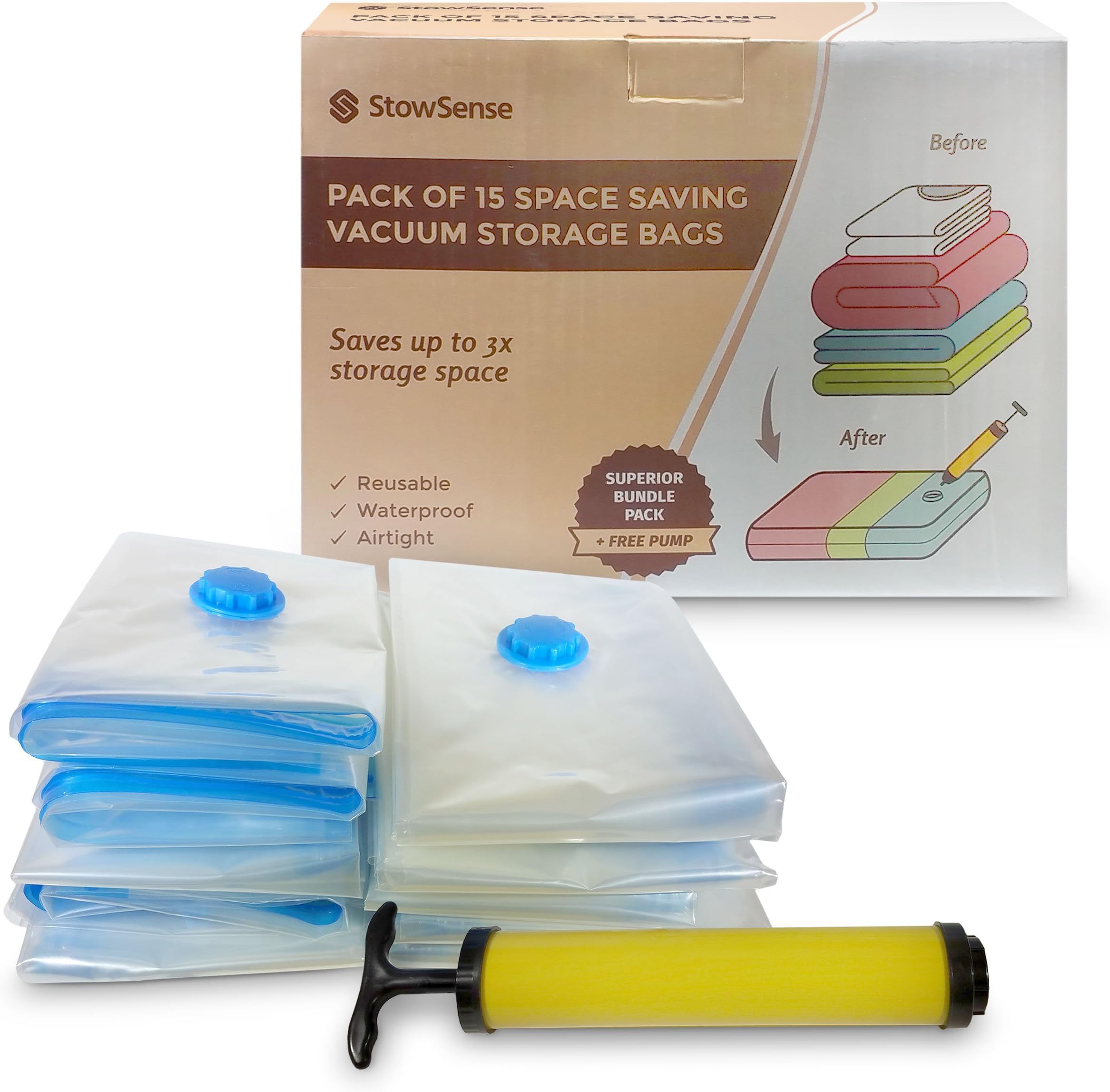 Vacuum Storage Bags - 15 Pack Bundle - Space saver - FREE Hand pump for travel - Triple Seal For More 3 times more compression