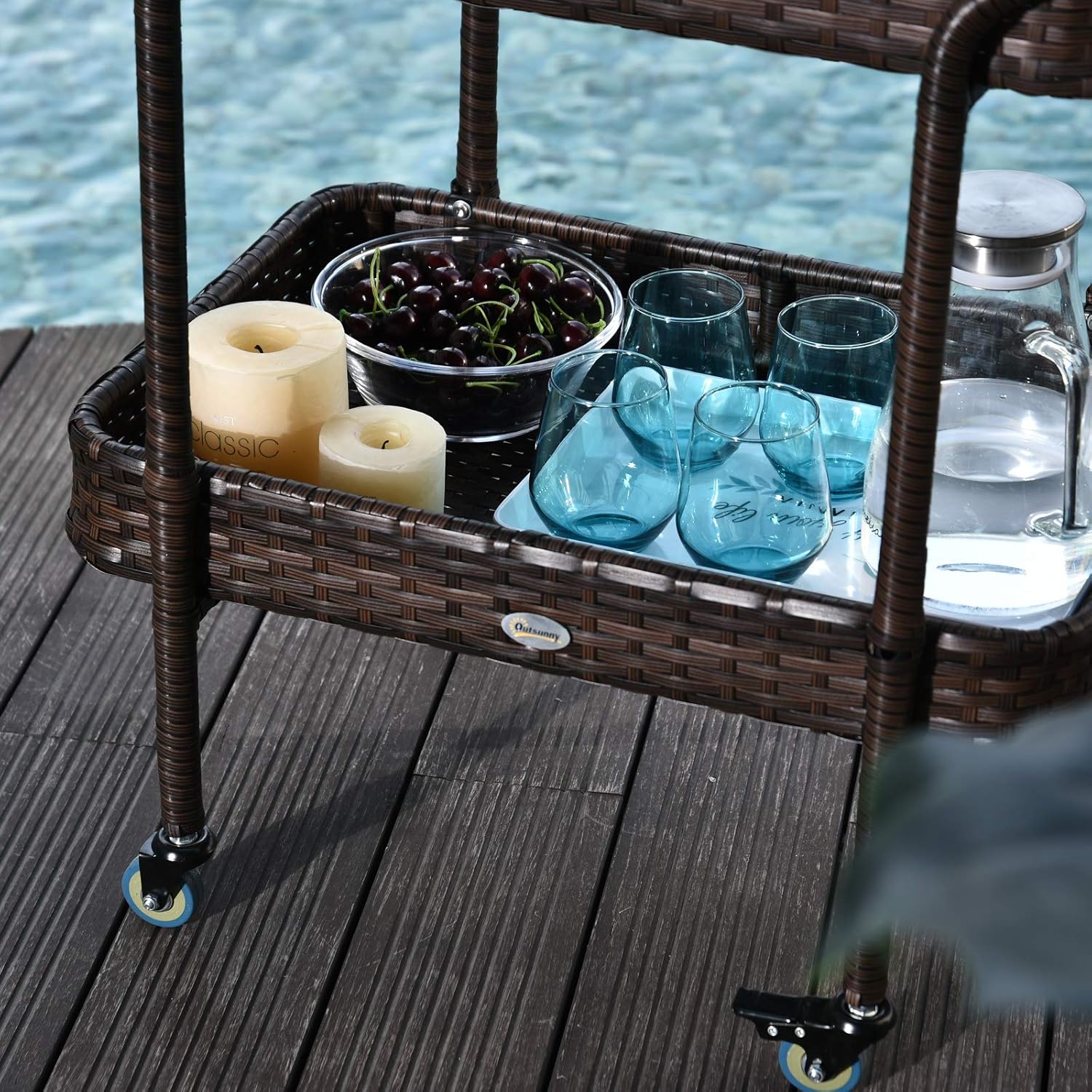 Patio Furniture Accessories Outsunny Patio Wicker Serving Bar Cart With Tray Shelves Outdoor Rolling Rattan Kitchen Trolley Patio Lawn Garden