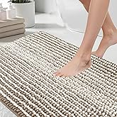HDFK Bath Mat & Bathroom Rug - Machine Washable Soft Chenille Shower Carpet, Maximum Absorbency Non-Slip with Odorless Hot Melt Base, Slim Striped Design for Bathtub Floors (24x16 Inch, Tan & White)