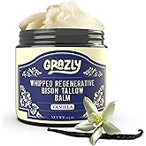 Grazly Whipped Bison Tallow Balm w/Manuka Honey, Jojoba, Organic Vanilla - Grass-Fed & Finished Organic Tallow Face Moisturizer - Face & Body Cream for Acne-Prone Skin - Nourishing Skincare (2.5 oz)