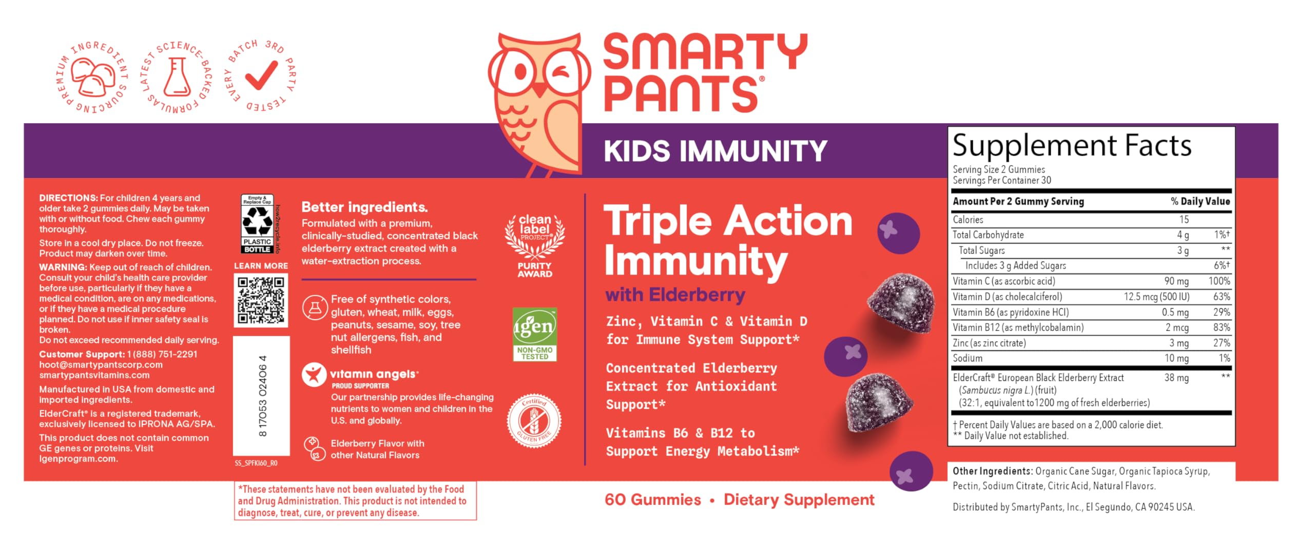 SmartyPants Kids Immunity Elderberry Gummies: Kids Immune Support Supplement, Vitamin C, Vitamin D, Vitamins B6 & B12 and Zinc, Gluten Free, Elderberry Flavor, 60 Count (30 Day Supply)